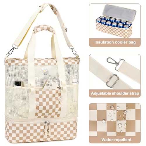 Bluboon Mesh Beach Tote Bag with Cooler Compartment Insulated Detachable Picnic Bag with Zipper and Pocket Pool Bag for Women - color: Black Floral Beige
