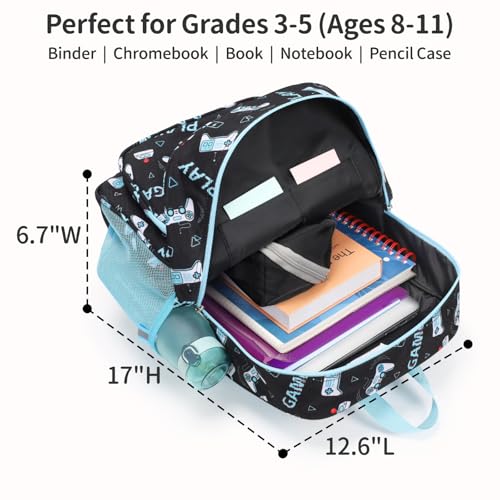 Kids Backpack for Boys - 17 Inch Insulated School Bag Ages 8-10 | Elementary Backpack for Grades 3-5, Fits Binder Laptop, Insulated Pocket, Reflective Strips, S-Curve Straps, Black Game - color: Black Game