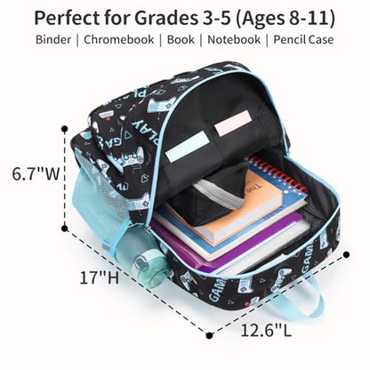 Kids Backpack for Boys - 17 Inch Insulated School Bag Ages 8-10 | Elementary Backpack for Grades 3-5, Fits Binder Laptop, Insulated Pocket, Reflective Strips, S-Curve Straps, Black Game - color: Black Game