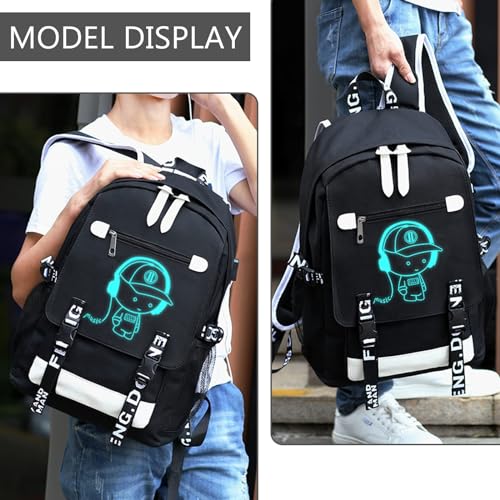 Luminous Pattern Travel Laptop Backpack - Adjustable Shoulder Strap Waterproof Black Backpack With Usb Charging Port & Headphone Port School Backpack Includes Pencil Bag,combination Lock