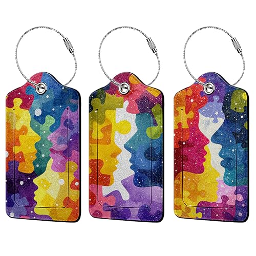 Watercolor Puzzle 3 Pack Luggage Tags for Suitcases, Mosaic Faces PU Leather Baggage Suitcases Tag Name ID Label Privacy Cover Travel Bag Tags for Women Men Boys Girls - color: Watercolor Puzzle