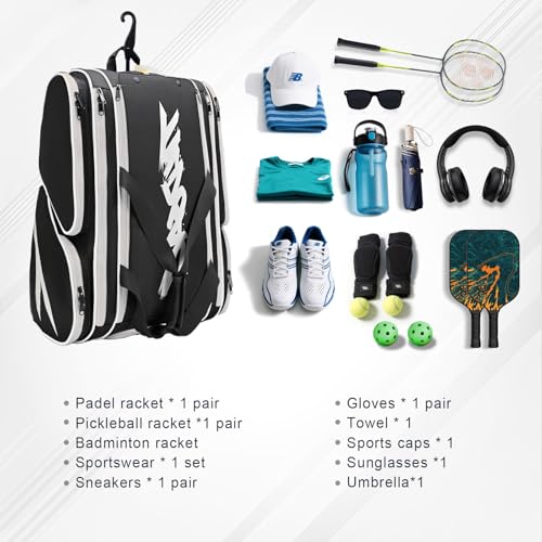 TILDOSAC Pickleball Bag - Large Paddle Bag for 4 Paddles & Accessories - Fence Hook, Extra Pockets, Shoe Compartment - color: Blcak-White