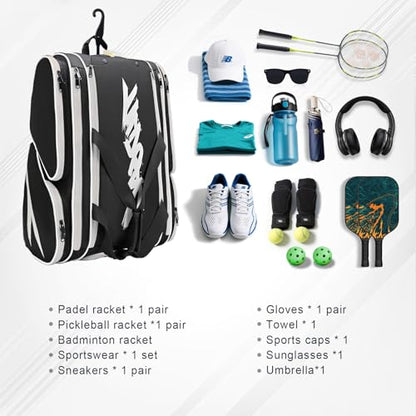 TILDOSAC Pickleball Bag - Large Paddle Bag for 4 Paddles & Accessories - Fence Hook, Extra Pockets, Shoe Compartment - color: Blcak-White