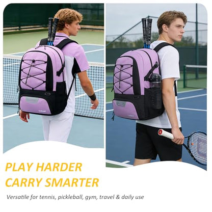 Goloni Tennis Backpack, Tennis Bag with Fence Hook & Ventilated Shoe Compartment, Holds 2 Tennis Rackets - color: Purple