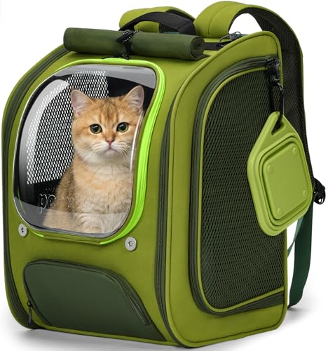 Pecute Cat Backpack Carrier,Large Space Cat Bubble Backpack,Ergonomic,Green | Color Blocking,Sunshade curtain,Folding bowl,Transparent window,Sturdy,Large mesh on both sides for breathability - color: Green-on-Green Color Blocking