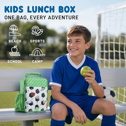 Fit & Fresh Customizable Charm Lunch Bag for Boys & Girls, Soccer Kids Lunch Box with 6 Sports Charms, Premium Insulated Reusable Lunch Tote for School - color: Pitch Break Soccer