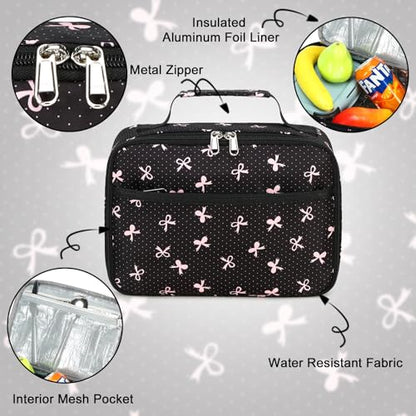 LEDAOU Lunch Box Kids Insulated Lunch Bag Girls Toddler Reusable Lunchbox for School Picnic Hiking (Black-Pink Bow) - color: Black bow tie