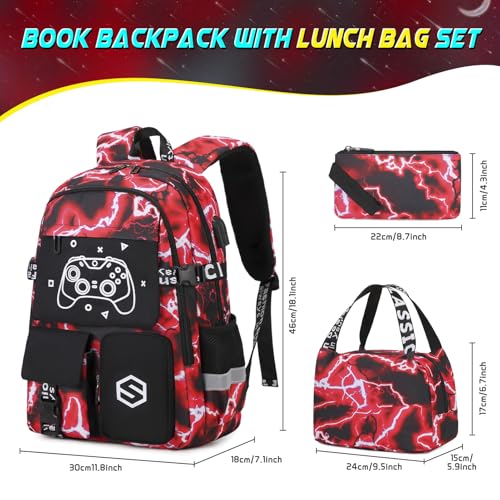 Scothen Boys Backpack, Cool Luminous School Backpacks for Boys with Lunch Bag Pencil Case, Kids Backpack Kindergarten Elementary Middle School Book Bags for Teen Boy Children with USB Charging Port - color: Red Lightning