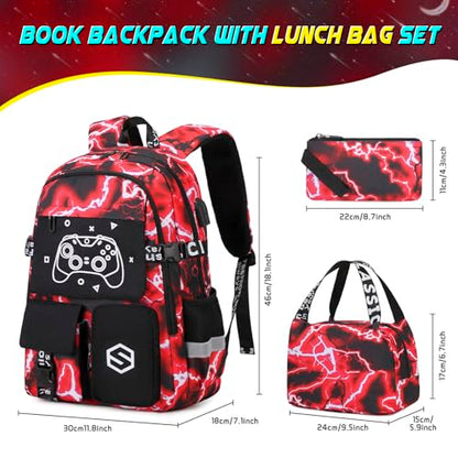 Scothen Boys Backpack, Cool Luminous School Backpacks for Boys with Lunch Bag Pencil Case, Kids Backpack Kindergarten Elementary Middle School Book Bags for Teen Boy Children with USB Charging Port - color: Red Lightning