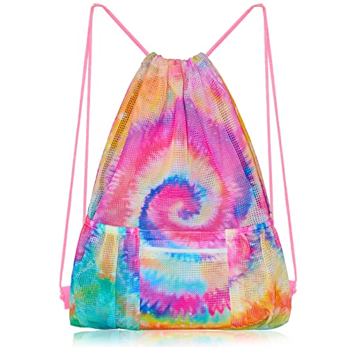 Mesh Drawstring Bag with Zipper Pocket, Beach Bag for Swimming Gear Backpack Gym Storage Bag for Adult Kids (Tie Dye) - color: Tie Dye