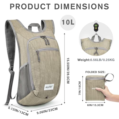 G4Free 10L/15L Hiking Backpack Lightweight Packable Hiking Daypack Small Travel Outdoor Foldable Shoulder Bag - color: Beige, size: 10L