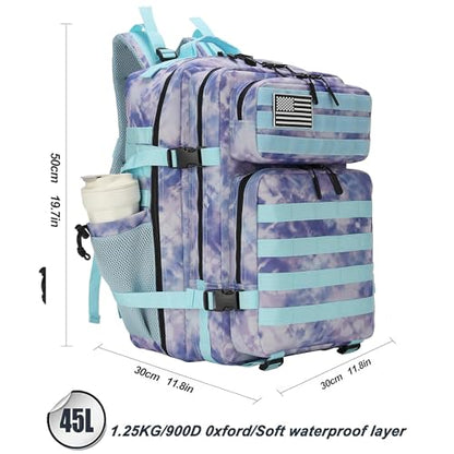 Lovelinks21 45L Tactical Assault Backpack 3 day assault pack with Molle Waterproof backpack Rucksack for Tactical Backpacks (Blue Tie-Dye) - color: Blue Tie-dye