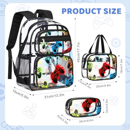 ACESAK Clear Backpack for Boys - 3 Pcs Game Heavy Duty with Lunch Bag - See Through Backpack Clear Bookbag Stadium Approved for Kids Middle High College School Travel (Black Game Console) - color: Black Game Console