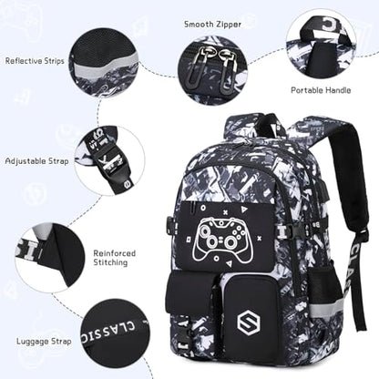 Scothen Boys Backpack, Cool Luminous School Backpack with Lunch Bag & Pencil Case, Kids Backpack for Kindergarten to Middle School, Black Graffiti, 25L, USB Charging Port - color: Black Graffiti