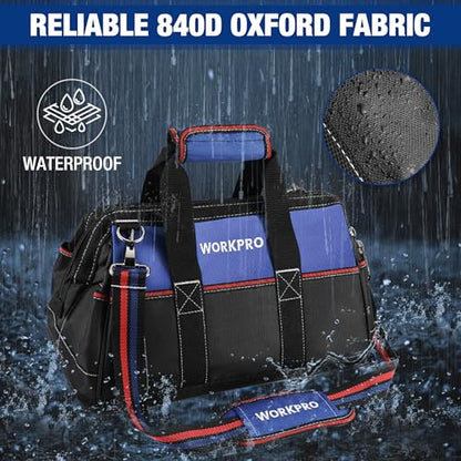WORKPRO 16-inch Wide Mouth Tool Bag | Heavy Duty Cloth Tool Storage Bag, Water Proof Molded Base, Adjustable Shoulder Strap - color: Blue &Red