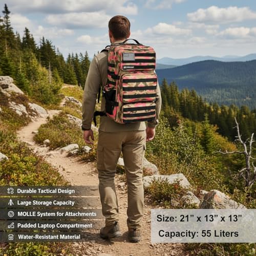 Military Tactical Backpack 55L for Men & Women Bug Out Bag Assault pack Molle Daypack Hiking Trekking Rucksack (Pink camouflage) - color: Pink Camouflage