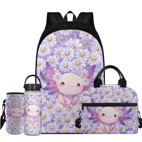 Flashideas Daisy Axolotl Backpack for Girls Kids Backpack with Lunch Box Stainless Steel Water Bottle and Water Bottle Bag 4Pcs Set 17" Large Capacity Elementary Bookbag with Compartments for School - color: Daisy Axolotl-4