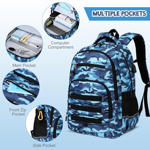 ACESAK Camo Backpack for Boys, Tactical Kids Backpack Boys, School Bags for Boy Children Teens Kids Elementary Middle High School, Military Bookbag and Lunch Bag Pencil Case Set with USB Charging Port - color: Camo Blue
