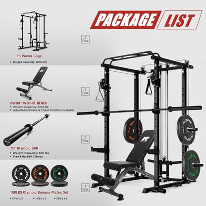 RitFit Multi-Function Garage & Home Gym Package Includes 1200LBS Power Cage PPC03/P3 with Cable Crossover System, Weight Bench, Olympic Barbell Weight Set, Full Body Workout - color: Black, style: Package 1.2K (with FBP 100lbs Plates)