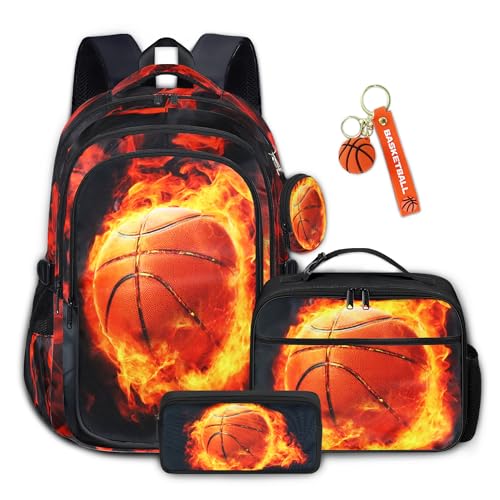 Boys Basketball Backpack with Lunch Box, Kids Backpack Set for School, 17inch Bookbag with Pencil Case Coin Purse Red - color: Basketball