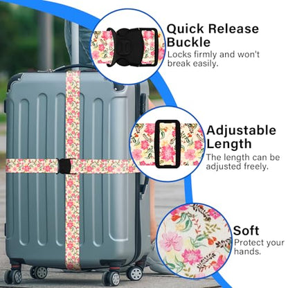 Luggage Straps for Suitcases, Travel Adjustable Belt with Quick Release Buckle, Heavy Duty Nylon Bag Packing Strap, Unique Bright Identifiers Business Travel Accessories (2 Pack) - Pink Flowers - color: Peach Pink