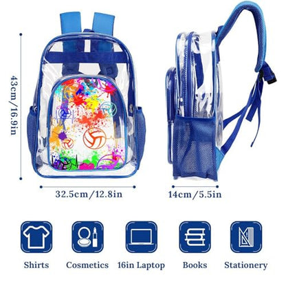 Volleyball Clear Backpack Heavy Duty for Girls Kids Boys Women | Large Cool PVC Volleyball Theme Printing Transparent Backpacks for Schools Stadium Concerts Work - Clear/Blue - color: Volleyball Clear Backpack 1 Blue With Front Pocket