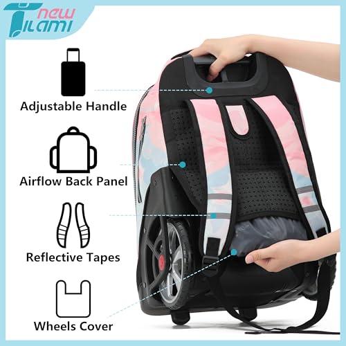 NEW TILAMI 19 inch Rolling Backpack Teens Rolling Backpack Cute Wheeled Laptop Backpack Bookbag Roller Travel Bag College,Pink - color: Pink