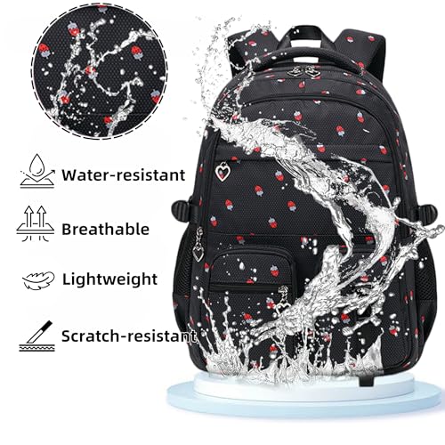 Girls Backpack Lightweight Bookbags for High School Laptop Backpack For College Women Big Student Daypack Casual (Strawberry-Black) - color: Strawberry-black
