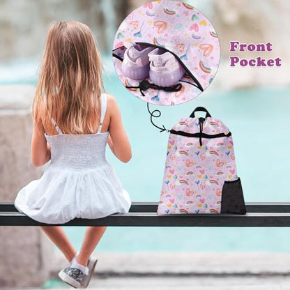 Pink Rainbow Drawstring Backpack, 15” x 17” Waterproof Swim Bag for Beach Swimming Pool, Lightweight Foldable Gym Bag with Water Bottle Holder for Sports Travel - color: Pink Rainbow