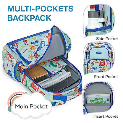 mommore Kids Backpack for Boys Girls 4-8 Kindergarten Elementary School Backpack with Lunch Box - 15” H Fit Folder - color: Light Blue-car, style: 3 Pcs