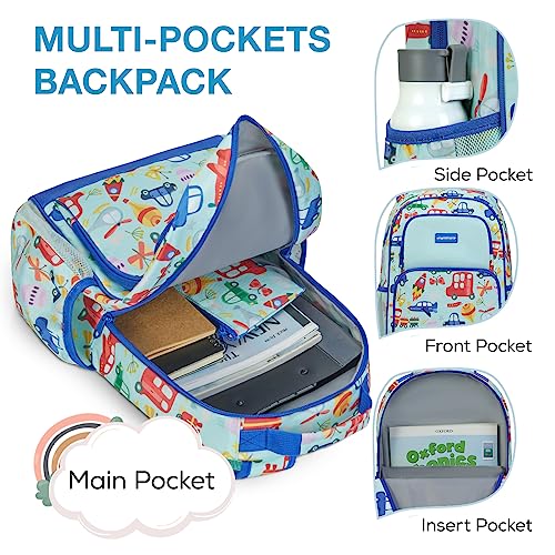 mommore Kids Backpack for Boys Girls 4-8 Kindergarten Elementary School Backpack with Lunch Box - 15” H Fit Folder - color: Light Blue-car, style: 3 Pcs