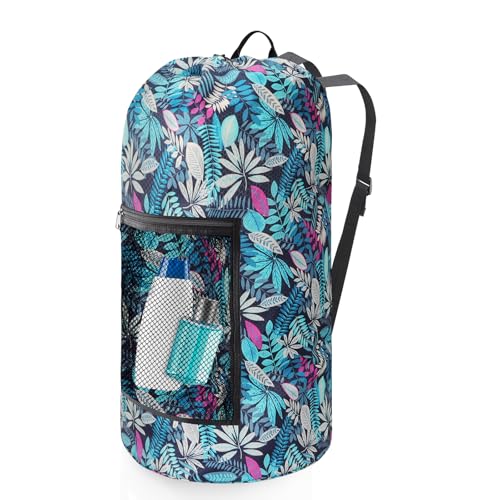 Portable with Adjustable Shoulder Straps Travel Dirty Laundry Bag,with Drawstring Closure & Mesh Pocket Backpack Laundry Bag for College,Apartment,Camping(Green Leaf) - color: Green Leaf, size: 1Pack