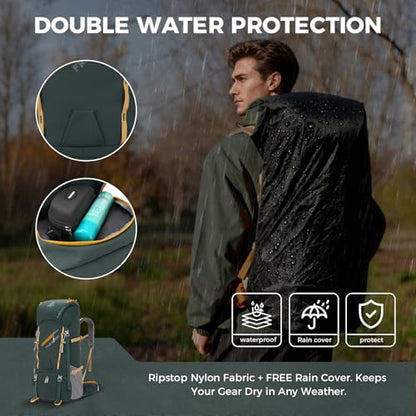 Bseash 65L Waterproof Hiking Camping Backpack with Rain Cover, Outdoor Sport Travel Daypack for Climbing Touring (Dark Green) - color: Dark Green
