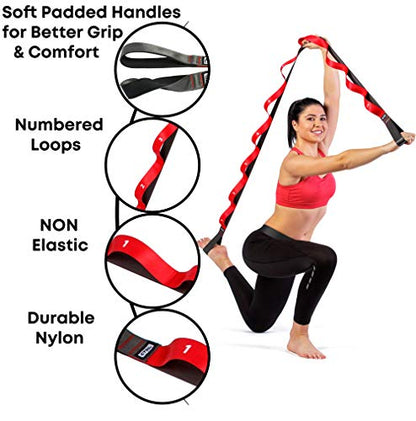 Stretching Strap with Loops - Non Elastic Stretch Band for Physical Therapy, Yoga Strap for Stretching Equipment, Stretch Bands for Exercise and Flexibility - Fascia, Hamstring & Leg Stretcher Belt - style: 10 Loops Red + Black Slant Board