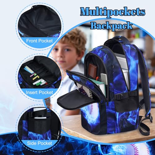Boys Baseball Backpack with Lunch Box, Kids Backpack Set for School, 17inch Bookbag with Pencil Case Coin Purse Blue - color: Baseball Blue