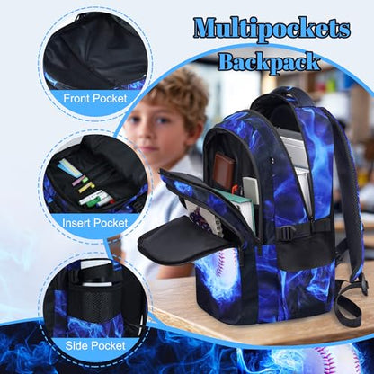 Boys Baseball Backpack with Lunch Box, Kids Backpack Set for School, 17inch Bookbag with Pencil Case Coin Purse Blue - color: Baseball Blue
