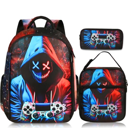 Boys Backpack with Lunch Box and Pencil Case, 3Pcs Gamer Backpack for Boys Teens, 17 Inch Large Capacity - color: GAME-LMWJ-10