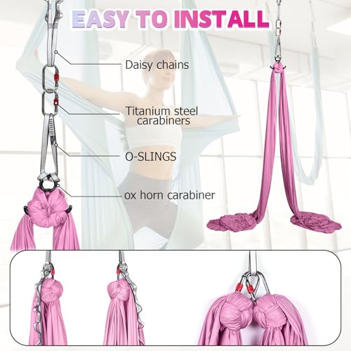 Aerial Silks Kit & Aerial Yoga Hammock - 11Yd Premium Fabric with Hardware - Easy Setup for Flying Yoga, Aerial Swing & Fitness - Supports Up to 14ft Rigging - color: Light Pink