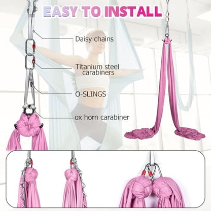 Aerial Silks Kit & Aerial Yoga Hammock - 11Yd Premium Fabric with Hardware - Easy Setup for Flying Yoga, Aerial Swing & Fitness - Supports Up to 14ft Rigging - color: Light Pink