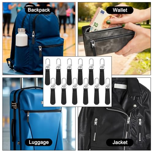 12 Pcs Replacement Zipper Pull Leather Zipper Pulls Replacement for Luggage, Backpacks, Suitcases, Jackets, Wallets, Handbags (Black) - color: Black