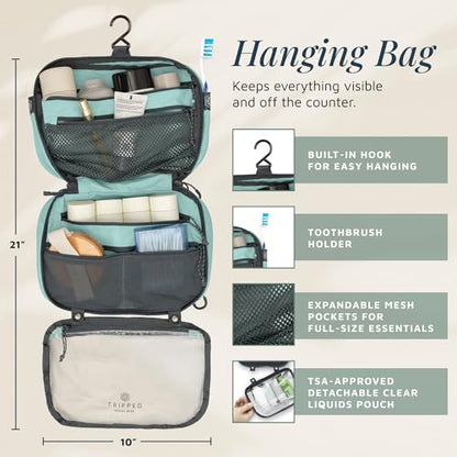 Toiletry Bag Kit 3 Piece Set: Hanging Travel Toiletry Bag + 311 TSA Cosmetic Liquid Bag + Accessory Organizer Pouch - color: Turquoise