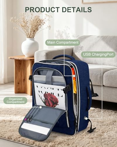 Travel Carry On 17.5" Laptop Expandable Backpack for Men Women, Personal Item Bag Waterproof Airline Approved with USB Charging Hole 3 Packing Cubes, Large Weekender Daypack Business Luggage Suitcase - color: Navy Blue, size: Expandable