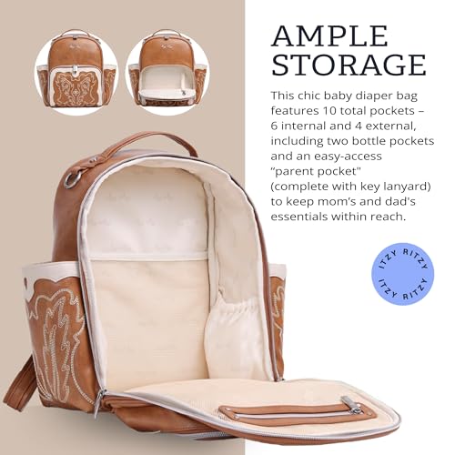 Itzy Ritzy Mini Diaper Bag Backpack – Chic, Compact Mini Plus Backpack with Changing Pad, 10 Pockets (6 Internal, 4 External), Grab-Top Handle & Rubber Feet (Saddle) - color: Saddle