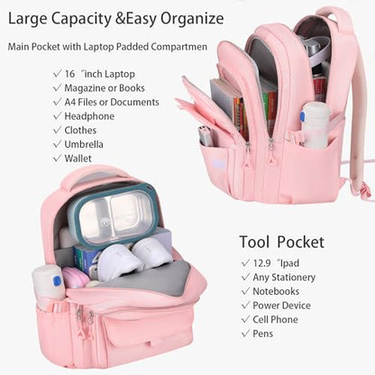 School backpack for Girls, Aesthetic Backpack for Women Cute Bookbag Preppy College (Pink) - color: Pink