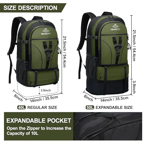 40L/50L Expandable Hiking Backpack for Men and Women, Travel Camping Backpack Flight Approved - color: 40l+10l Green