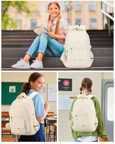 Cute Teen Girls Backpack, Big Student School Backpack Laptop Bookbag for College Women Aesthetic Middle High School Bag, Mochilas Escolares, Beige - color: Beige, size: 15.6in