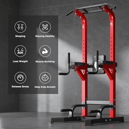 DlandHome Power Tower Pull Up Bar Station, Heavy Duty Pull Up Dip Station Adjustable Height for Home Gym Strength Training Equipment, 330LBS Weight Capacity - color: Red
