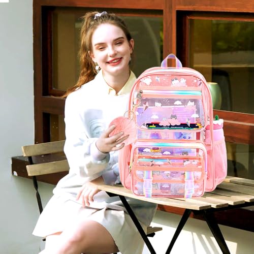 KLFVB Transparent Backpack Heavy Duty, 3PCS Girls See Through School Bag Set, Cute Clear Bookbag for Women - Cloud Cat Pink - color: Cloud Cat Pink Clear Backpack