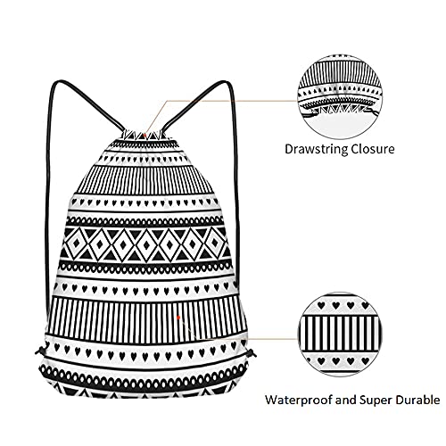 Ethnic Pattern Drawstring Bags Backpack Bag Black And White Southwest American Aztec Heart Sport Gym Sack Drawstring Bag String Bag Yoga Bag for Men Women - color: Multi-a83