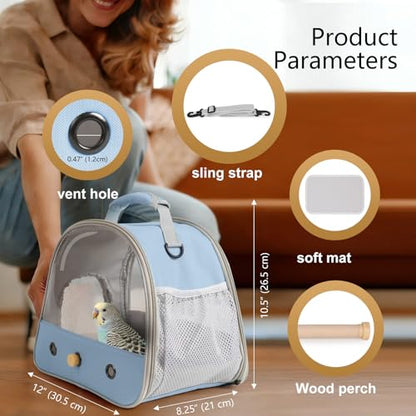 Bird Carrier, Portable Small Bird Parrot Parakeet Carrier with Standing Perch and Stainless Steel Tray, Side Access Window Collapsible (Blue, Clear Windows) - color: Blue